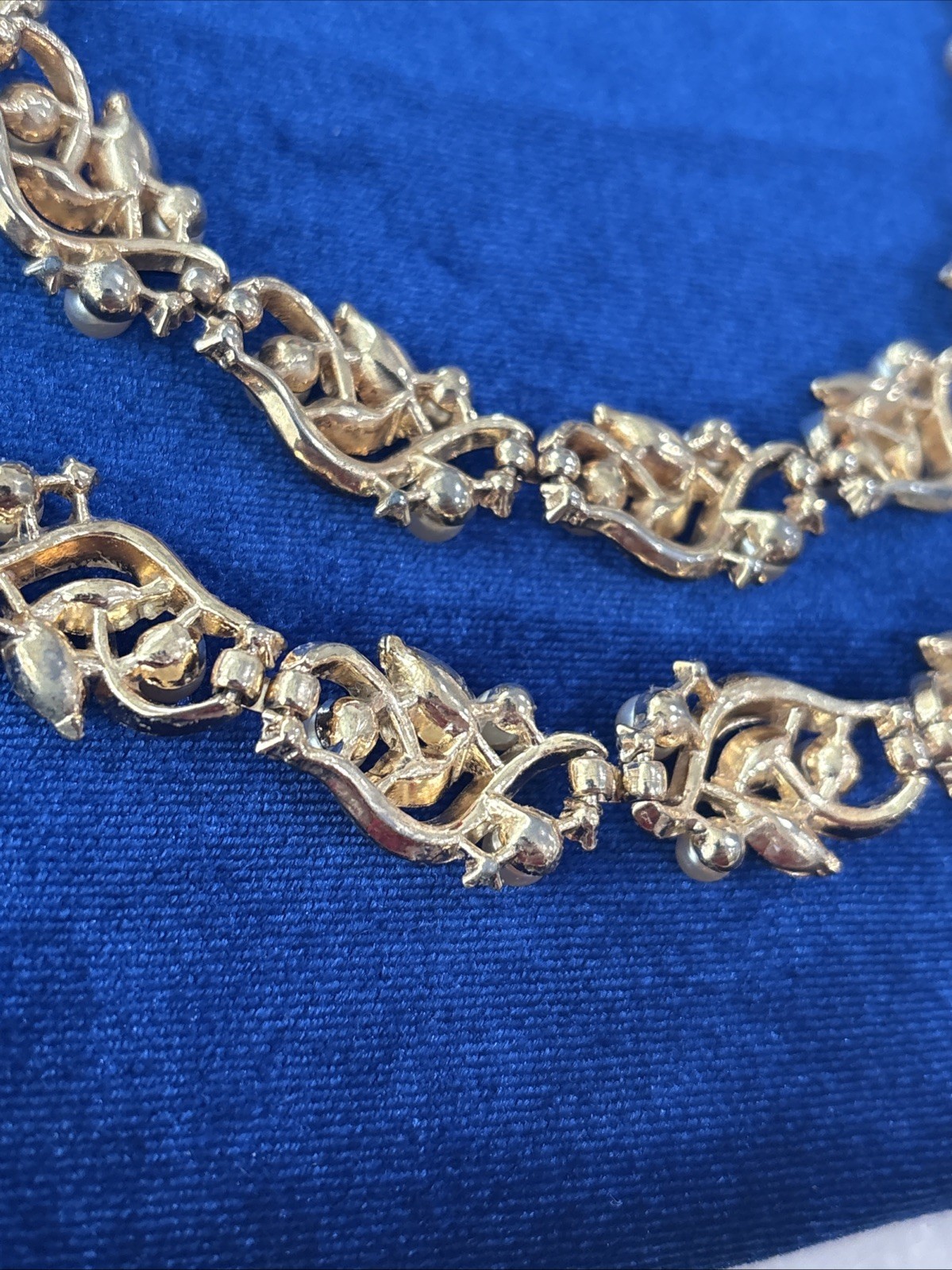 Vintage Midcentury Jewelry Set Signed Trifari. Goldtone, Faux Pearl & Rhinestone