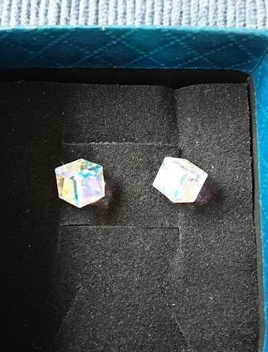 VTG Aurora Borealis Clear Glass Cube Stud Earrings Surgical Steel With Box