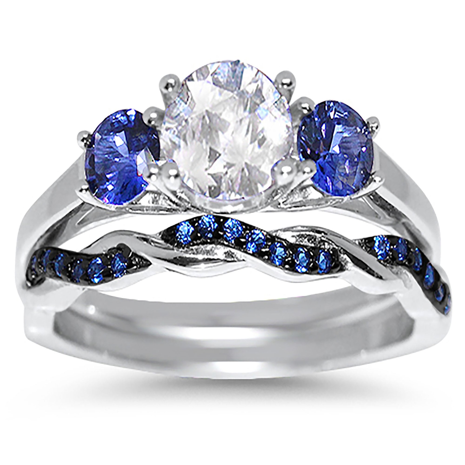 His Her Blue Simulated Sapphire CZ Silver Steel TRIO Wedding Ring Set