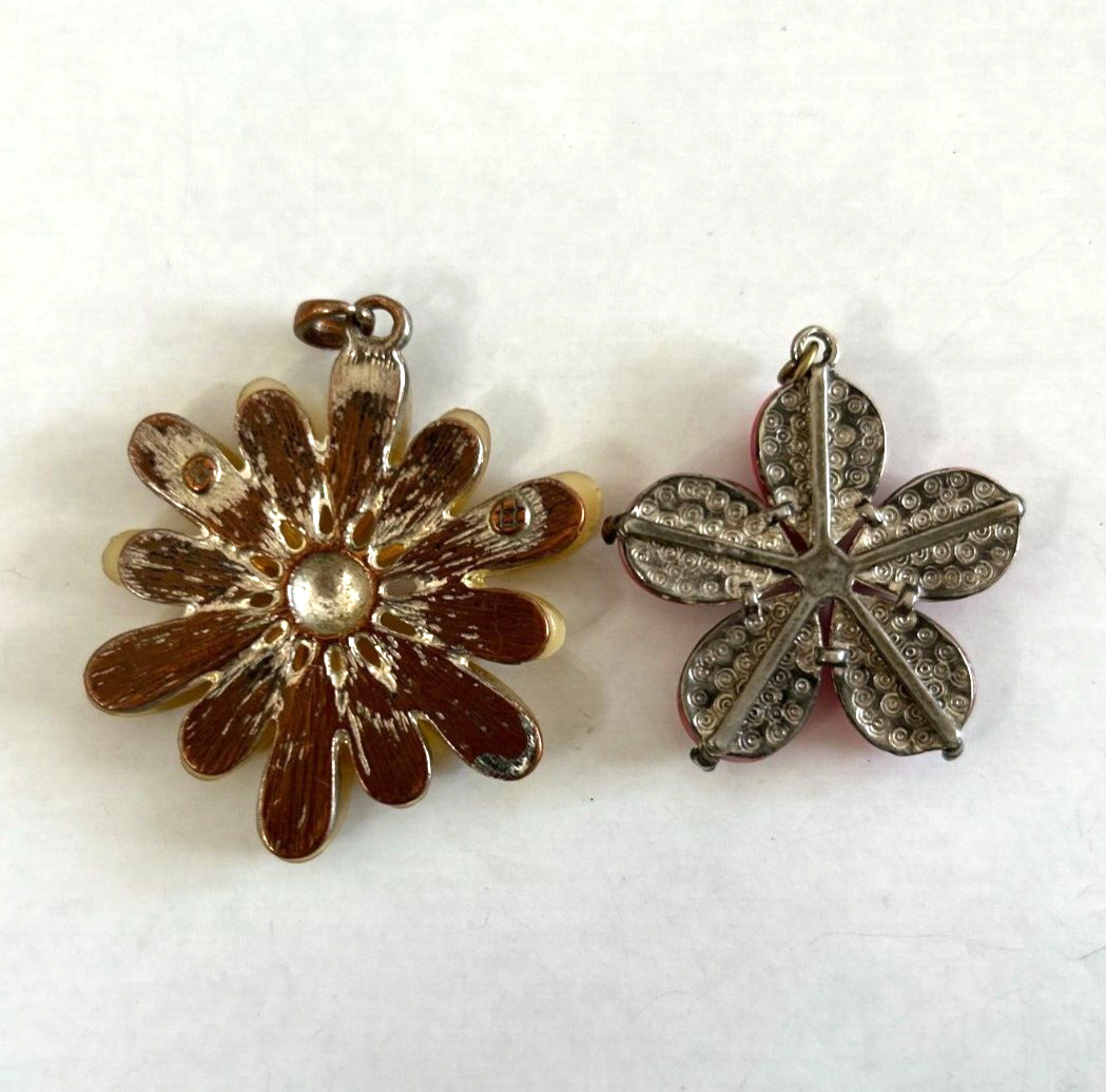 (2) Vintage Metal Acrylic & Rhinestone Flower Pendants Yellow Pink Flowers