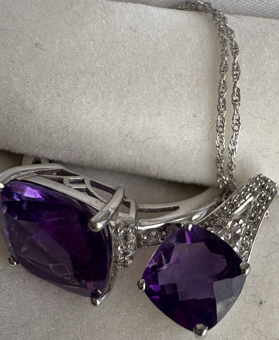 JCPenney 1Ok White Gold Amethyst & Diamond Necklace and Ring Size 7