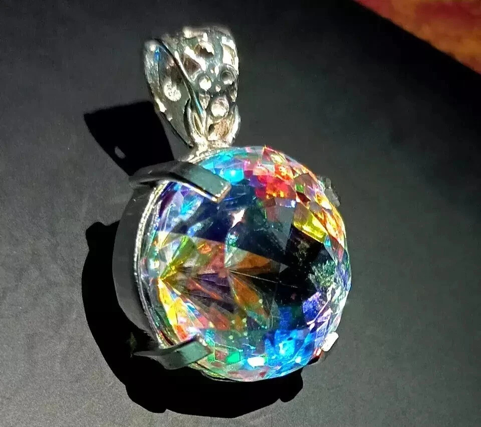 Round Cut 90 Ct+ Natural Mystic Topaz 925 Solid Silver Rainbow Pendant Gemstone
