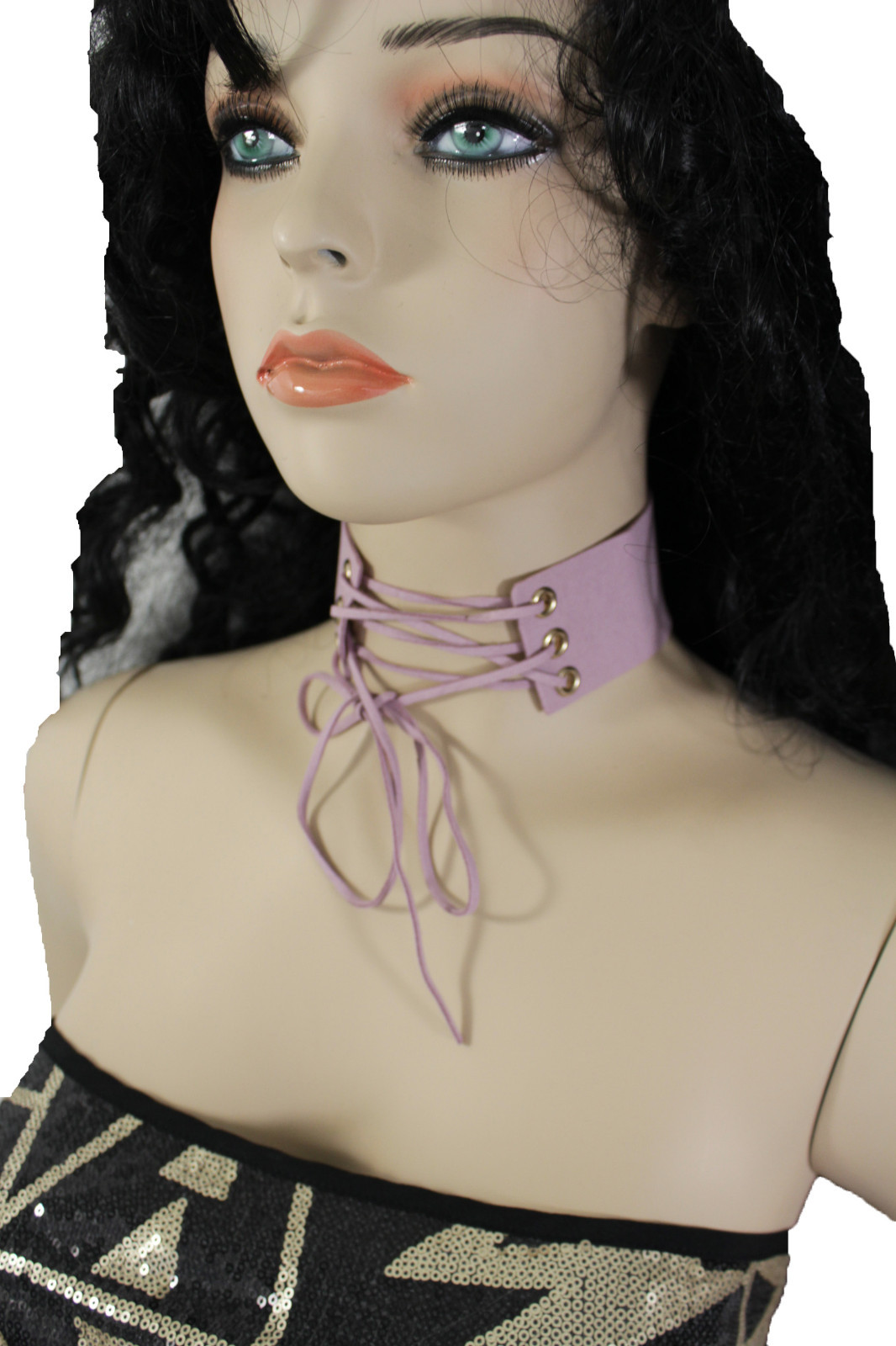 NEW Women Pastel Pink Faux Leather Fabric Fashion Corset Choker Necklace Tie