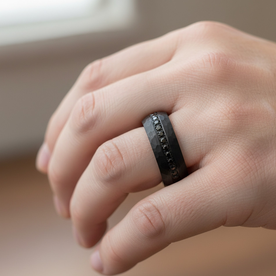 Elegant Black Tungsten Men’s Band – 8mm Hammered Style with Full Black CZ Ring