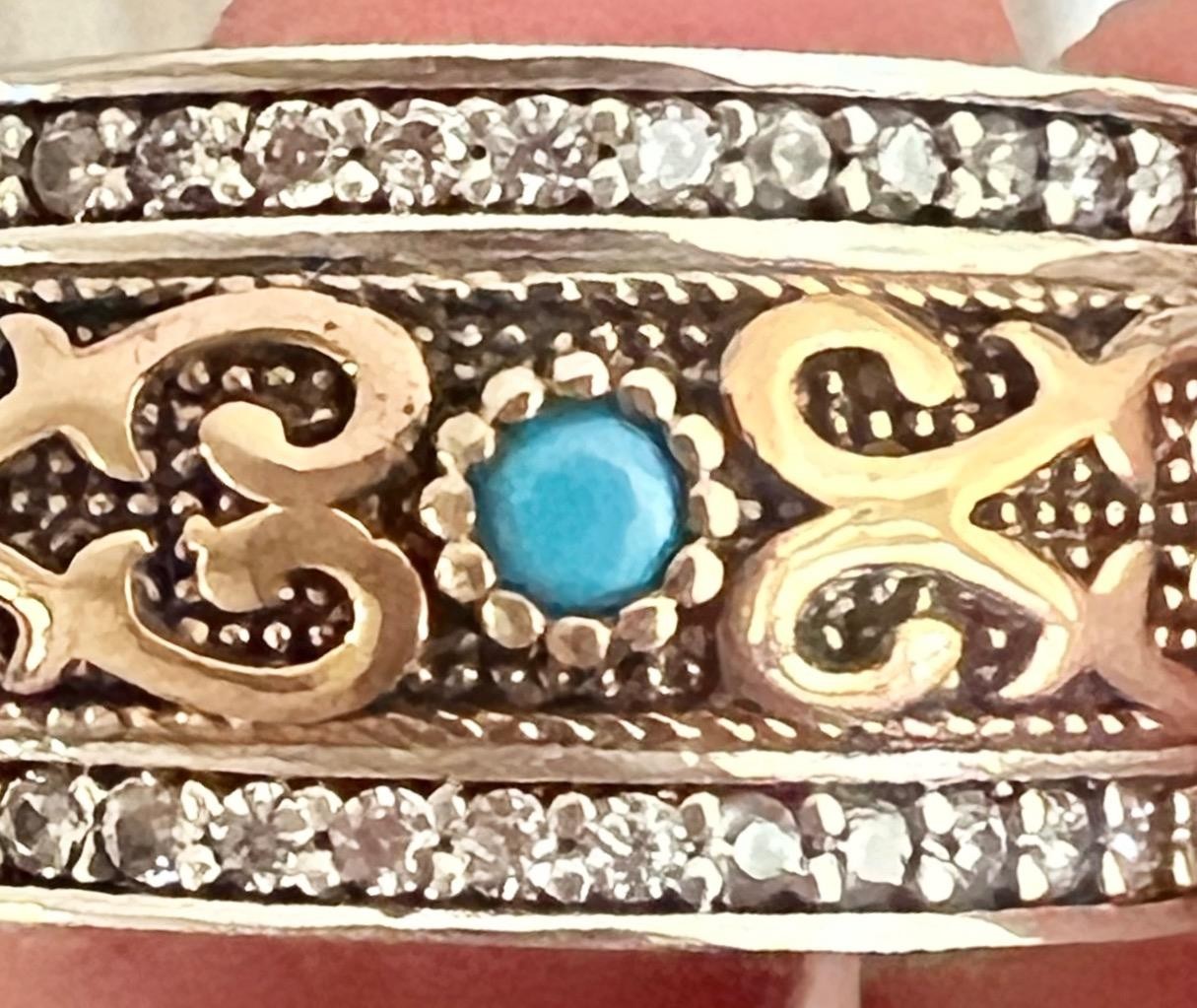REAL Blue Turquoise & Diamond SOLID 14K Gold 925 Band Ring Etruscan Rev. Size 11