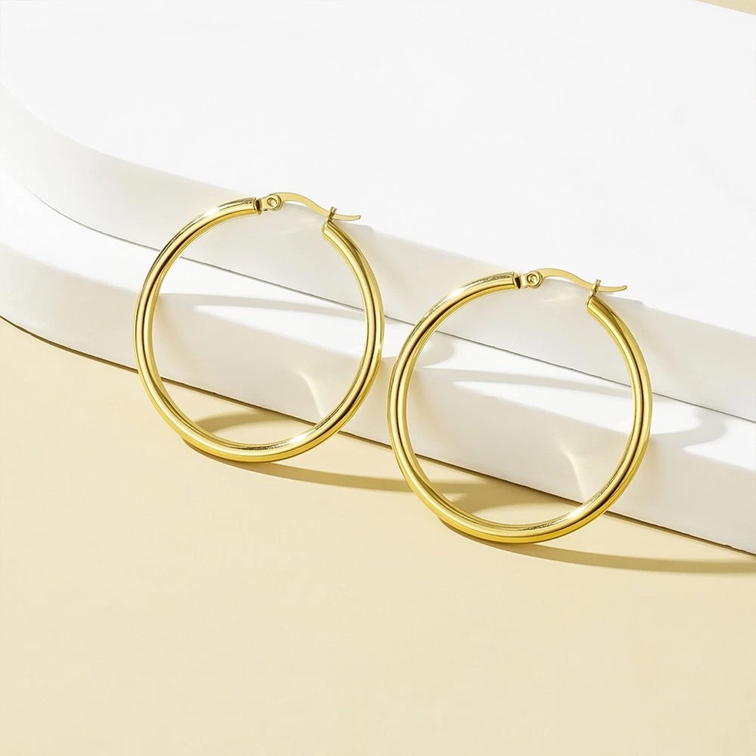 35mm 14K Real Solid Yellow Gold Shiny Polished Round Creole Hoop Earrings Gift