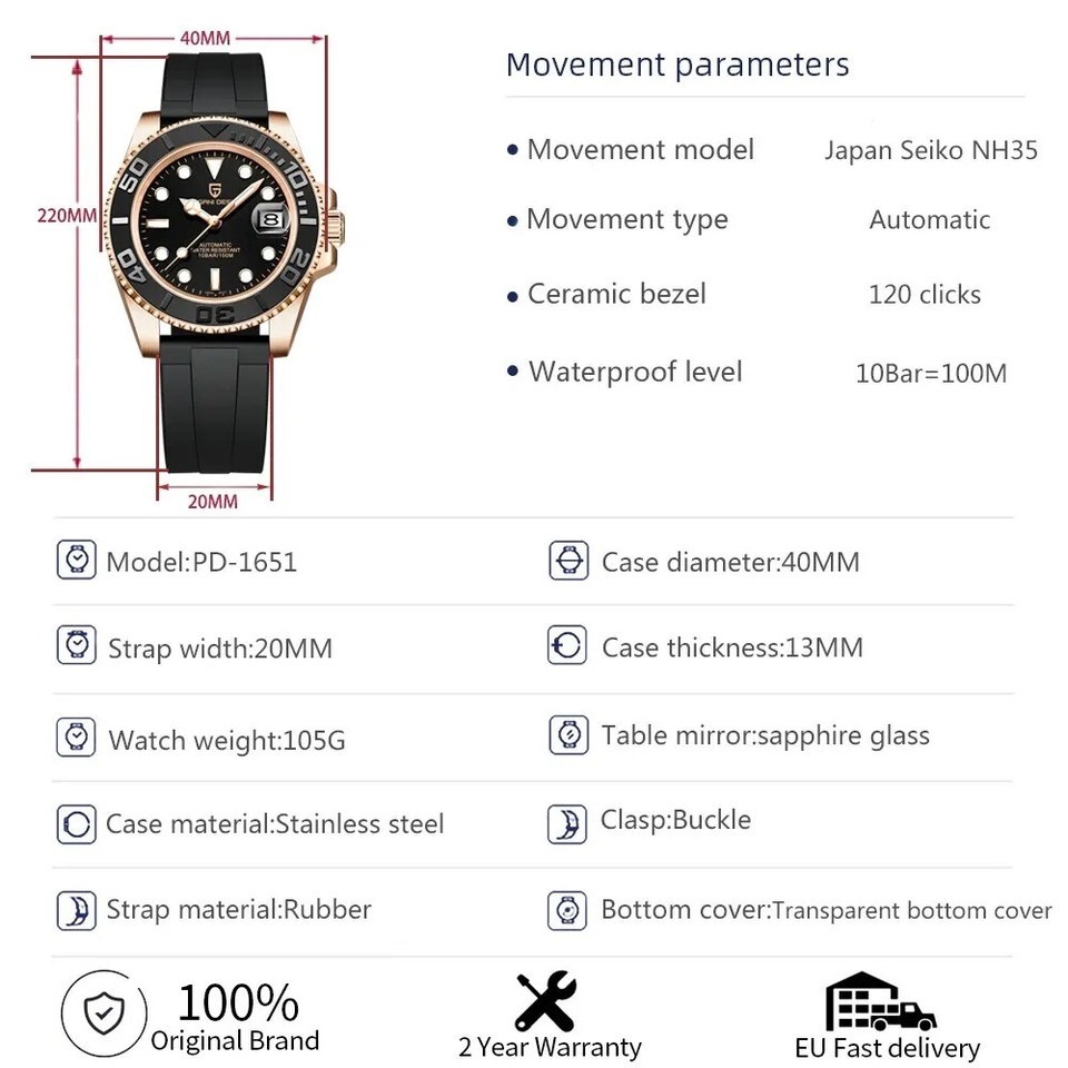 PAGANI DESIGN PD-1651 Men Mechanical Wristwatch Stainless Steel Waterproof