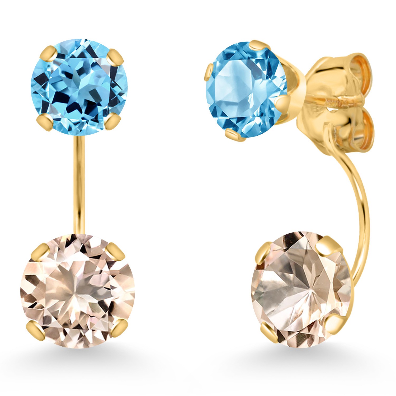 14K Yellow Gold Peach Morganite and Swiss Blue Topaz Stud Earrings for Women |