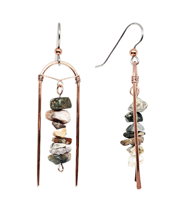 Handmade Ocean Jasper Chip Gemstone Earrings Copper Arch Boho Dangle