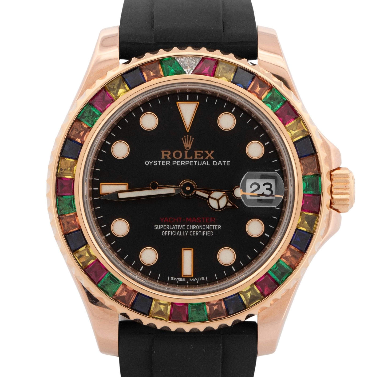 Rolex Yacht-Master 18k Rose Gold RAINBOW SAPPHIRE Black Oysterflex 37mm 268655