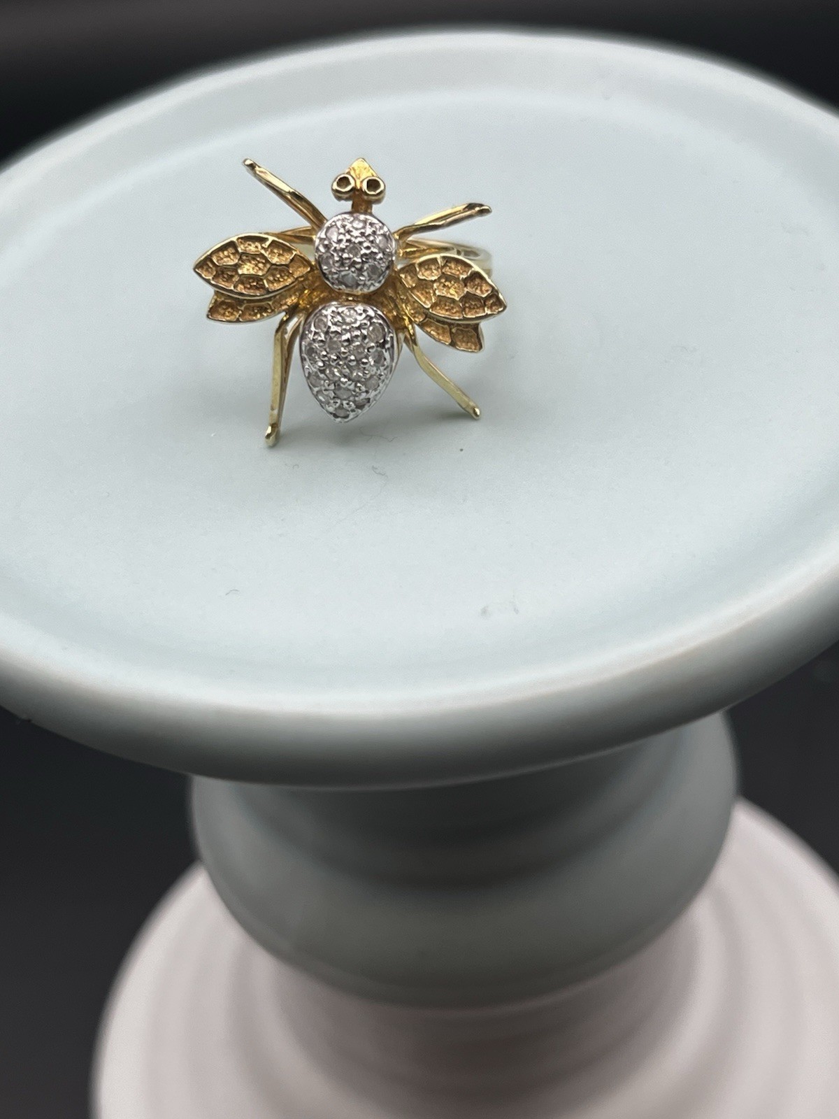 14K Yellow Gold Diamond Bee Ring Size 6.5, Diamond Body and Thorax, Circa 1849