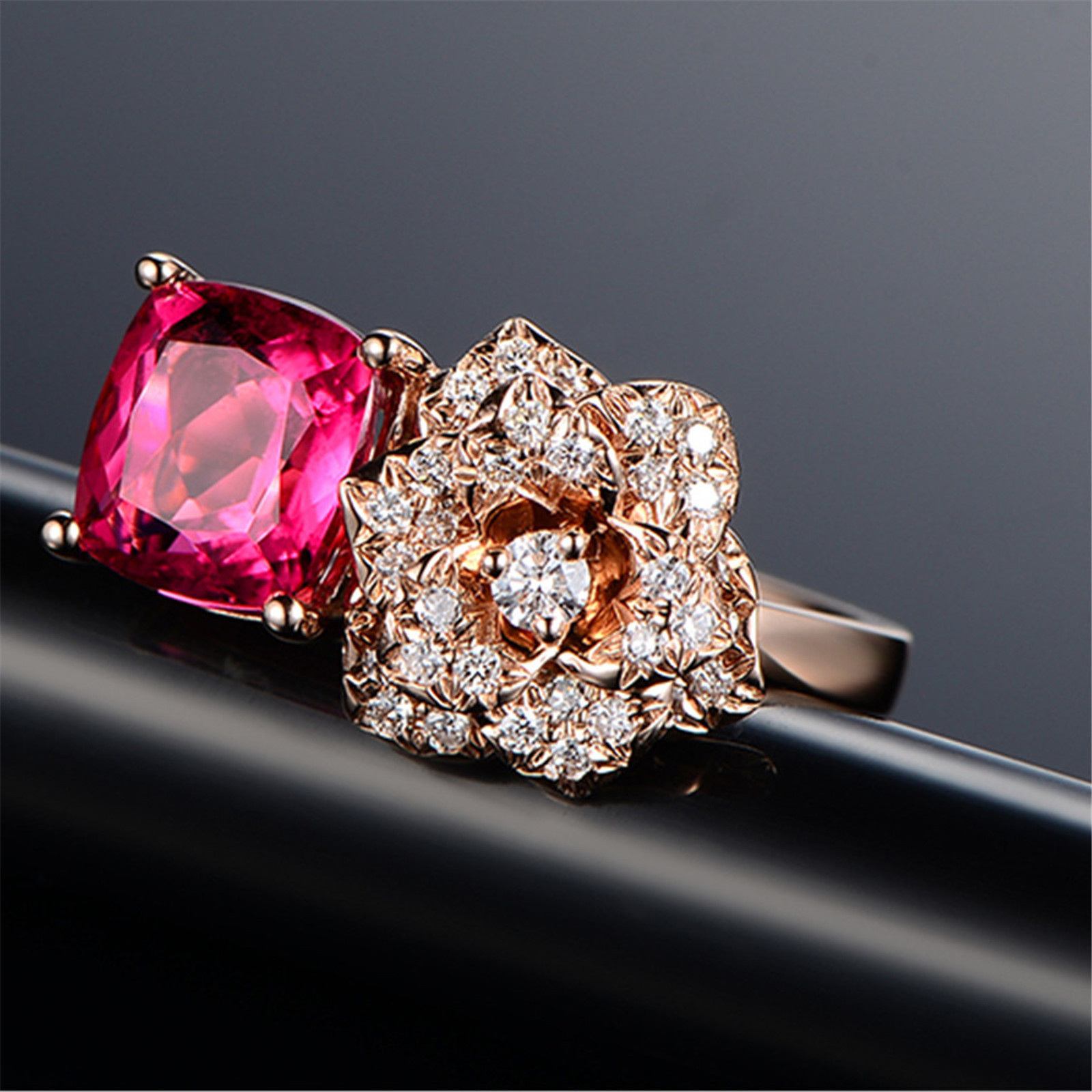 18K Rose Gold Filled Women Rose Red Crystal Flower Rings Men Rings J011