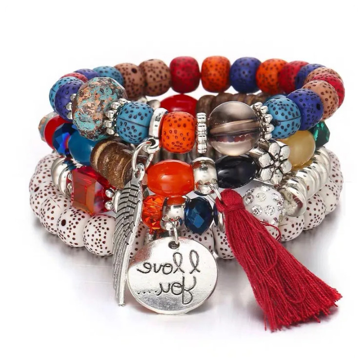 Colorful Beaded Dangle Charm Tassel Cuff Bracelet