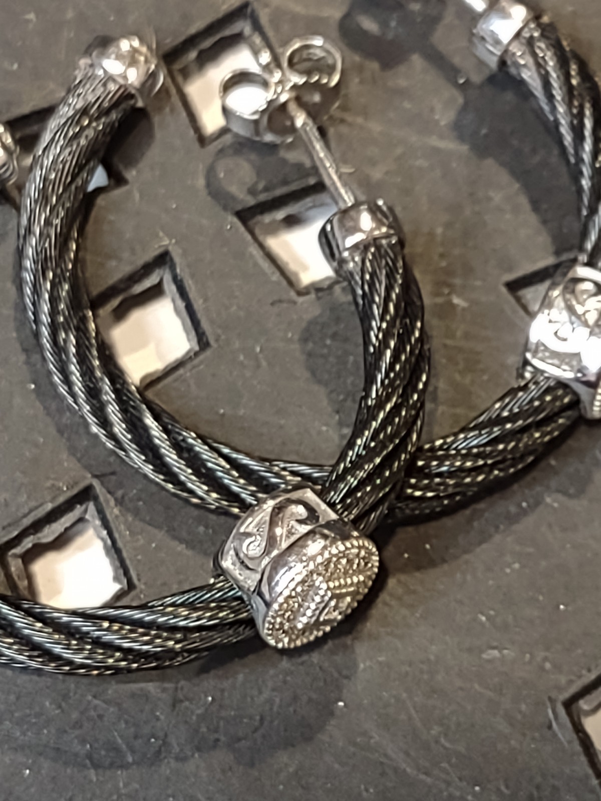 Charriol Black Steel Cable Hoop Earrings With 18Kt White Gold And Diamonds