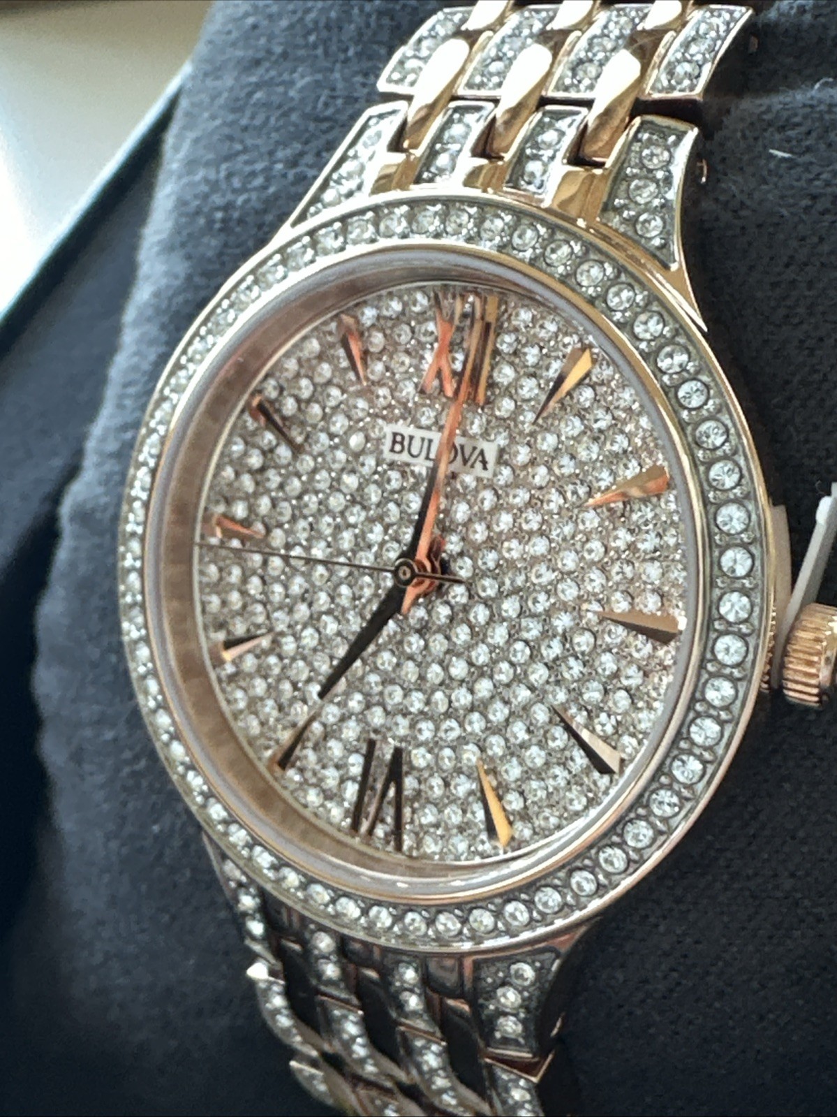 Bulova Quartz Women’s Pave Dial Crystals Rose Gold Watch 32mm 98L235