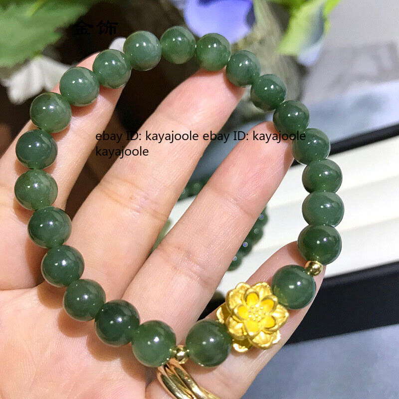 Real 24K Yellow Gold Lotus For Women Natural Jade Oil Green Beads Bracelet