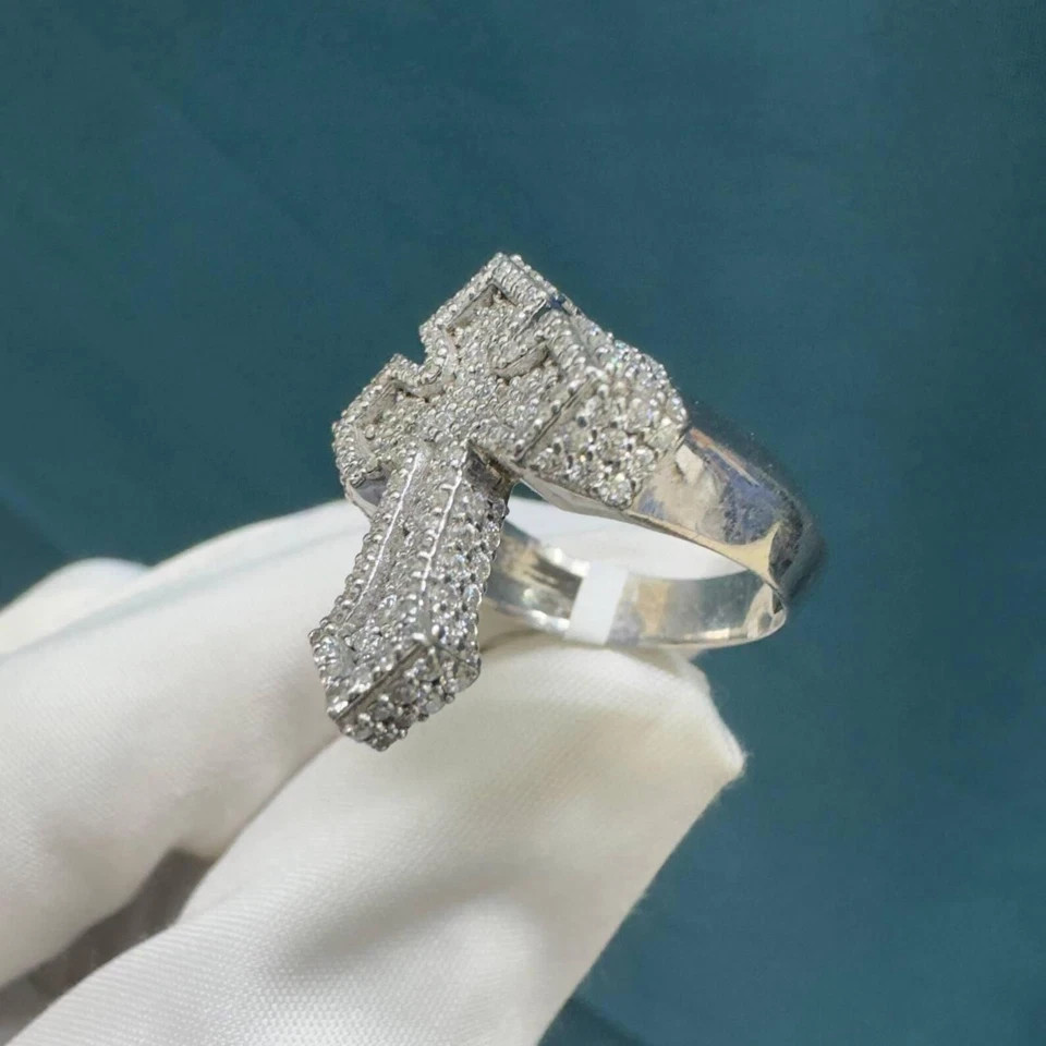 3Ctw Lab Created Round Cut Diamond 14k White Gold Plated Men’s Custom Cross Ring
