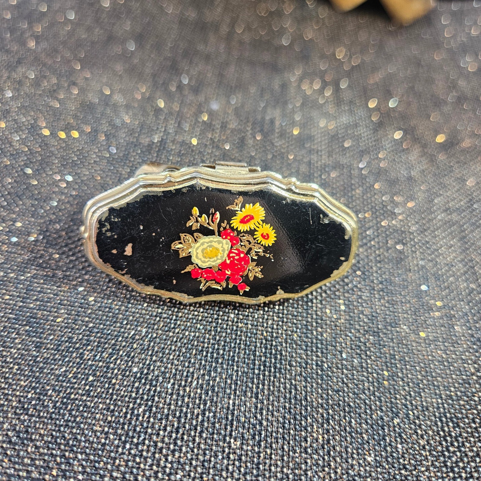 Vintage Lipstick Holder Flip Compact Mirror Handpainted Floral Gold Tone Black