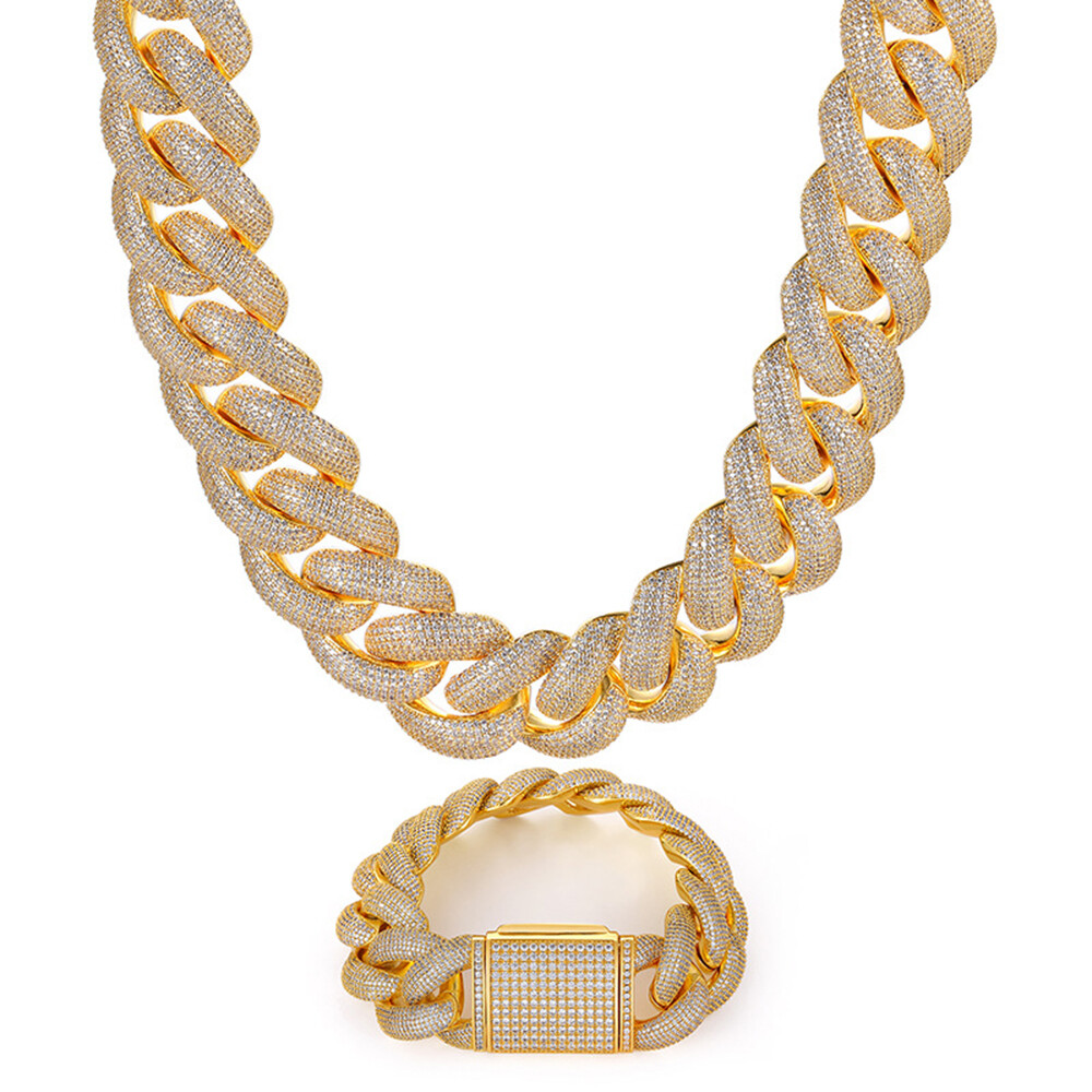 25mm Hip Hop Bubble Cuban Link Chain White CZ Stone 18K Real Gold Plated Jewelry