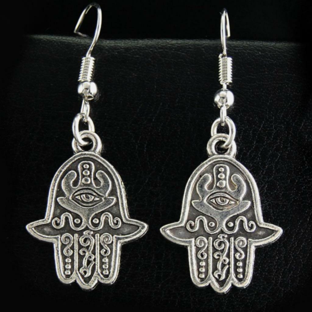 HAMSA HAND EARRINGS 1.75″ Evil Eye Drop Fatima Dangle Stainless Steel Ear Wires