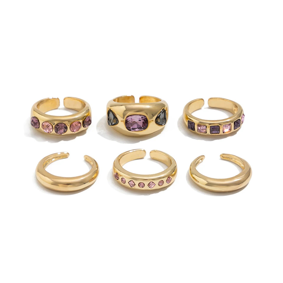 Purple Ring Set Simulated Zirconia Adjustable Open Band Womens Jewelry 6PCS