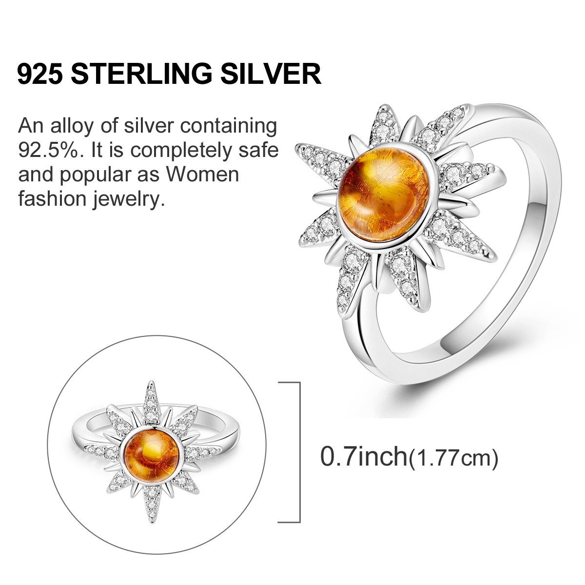 LAZA Original 925 Sterling Silver Shining Sun Finger Ring Clear CZ Women Jewelry