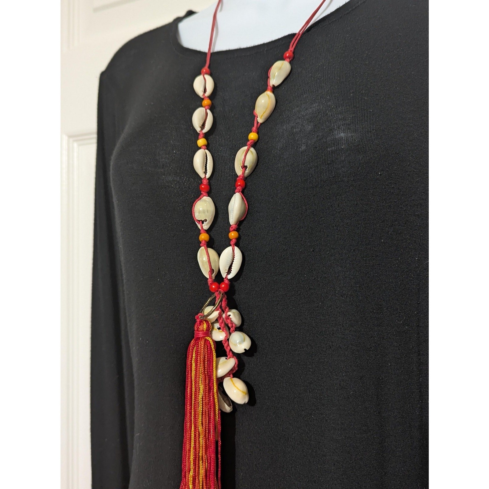 MIA Collection Cowrie Shell Tassel Long Necklace Red Cord Adjustable Boho Women
