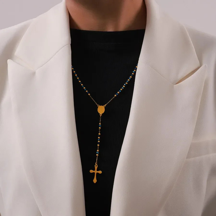 Women’s 18K Gold Plated Stainless Steel Cross Pendant Necklace Artificial Pearl