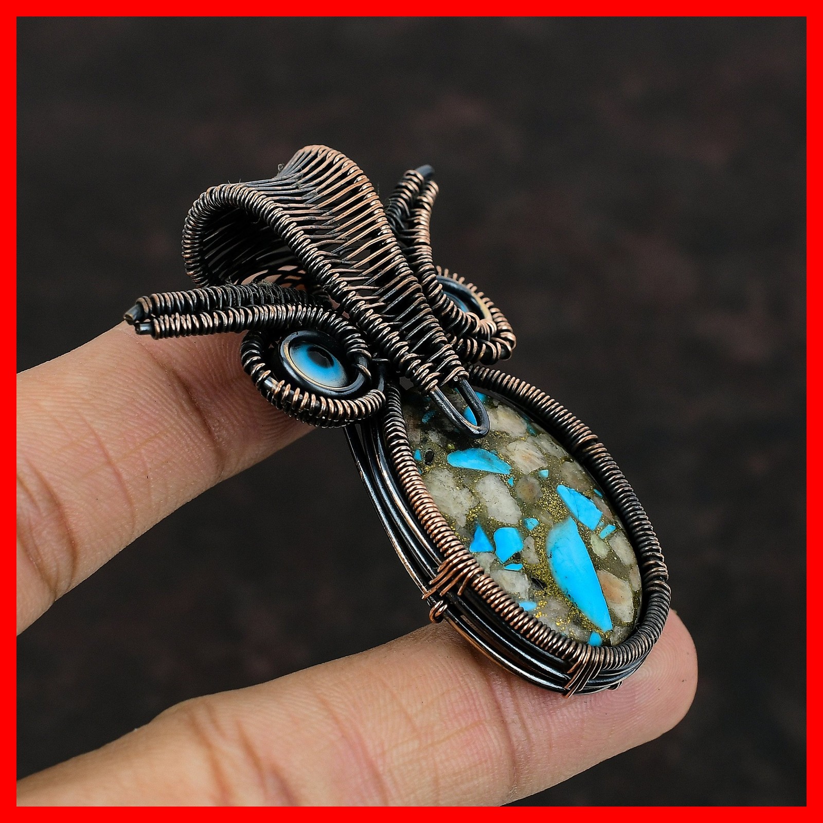 Pink Opal Copper Turquoise Gemstone Blue Color Evil Eye Pendant Jewelry Copper