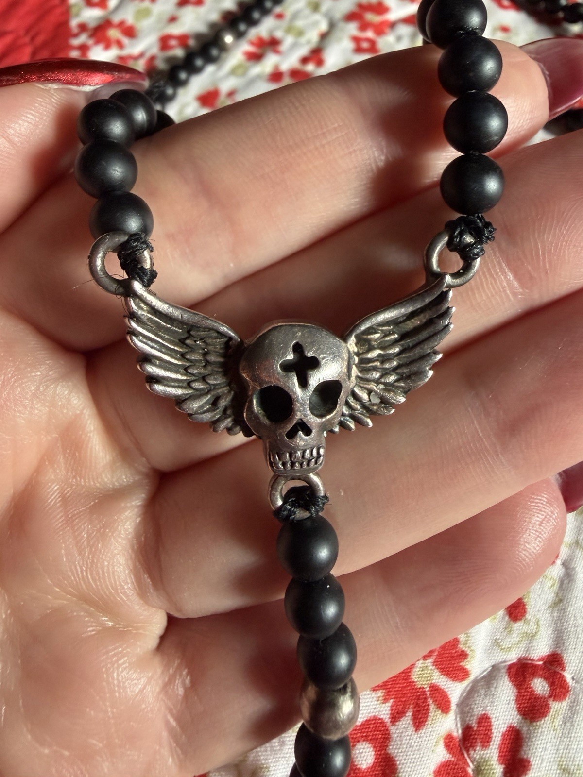 King Baby USA 925 Sterling Silver Skull Wing & Dagger Beaded Necklace