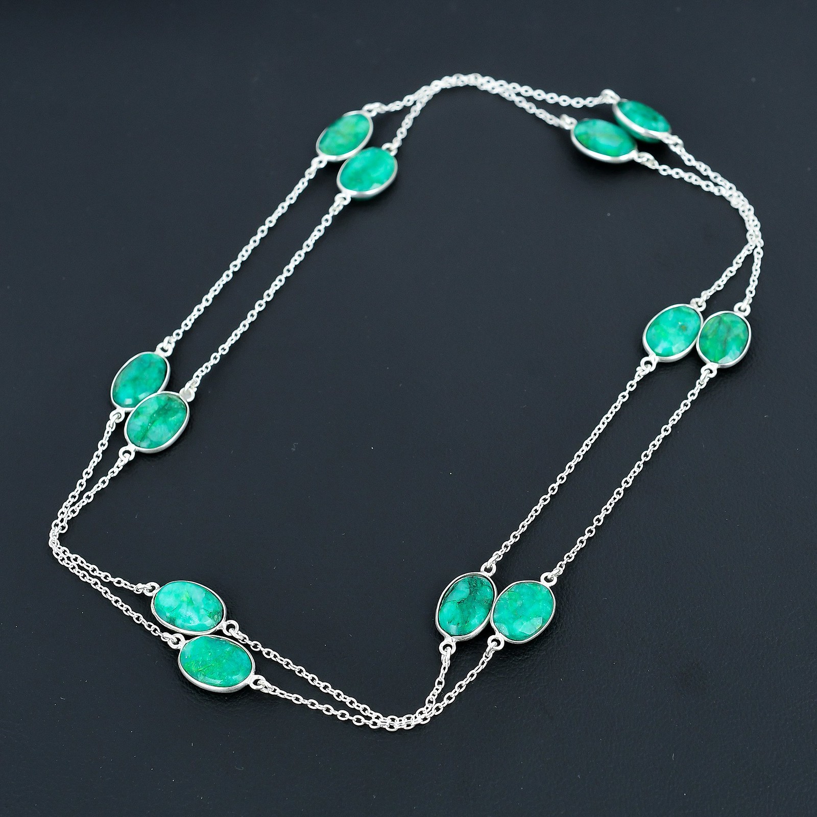 Zambian Emrald Oval Gemstone 925 Sterling Silver Jewelry Necklace 36″ VJ 973