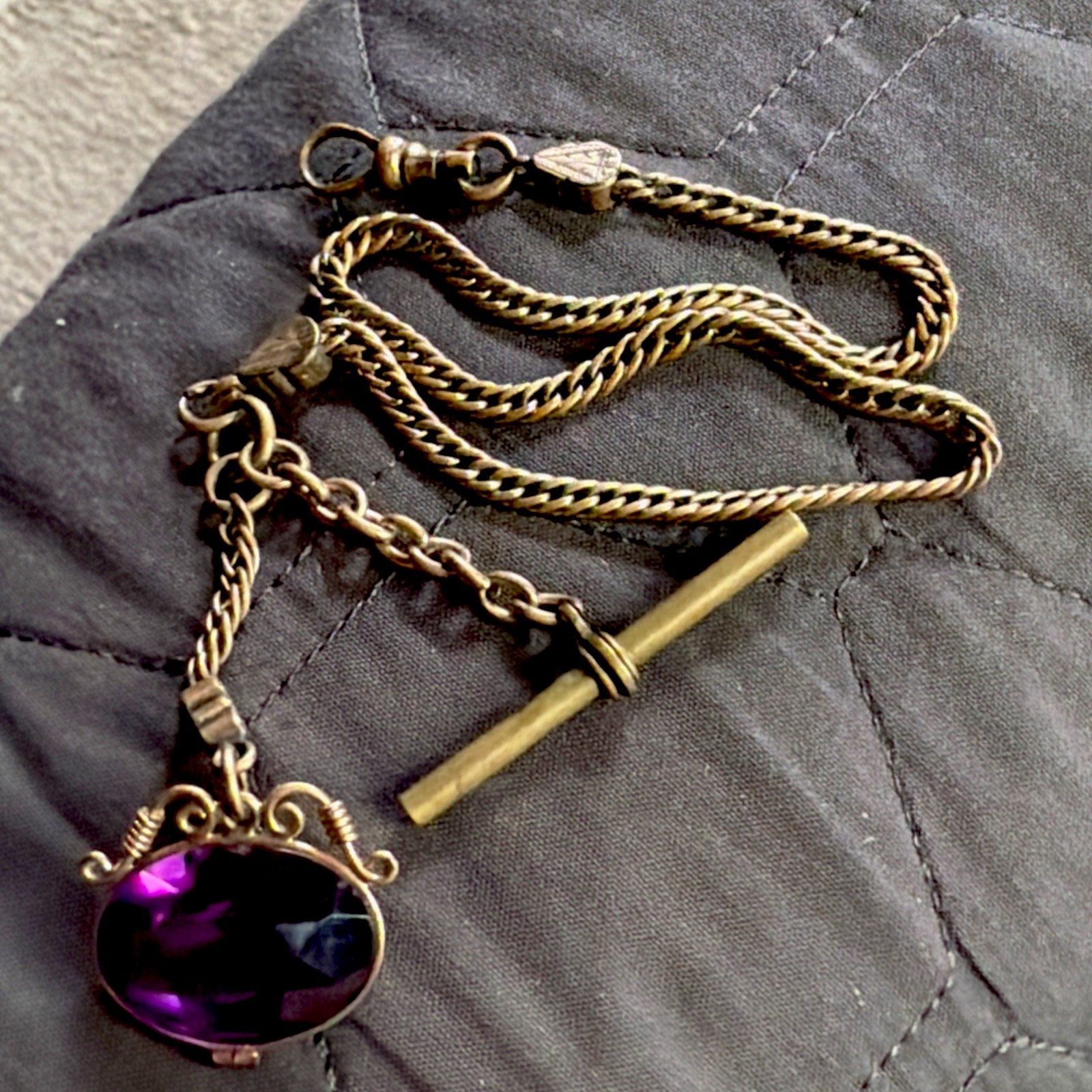 Victorian 23g Watch Chain 13” Gold Filled H.B. Co Gold Fill Purple Crystal Fob