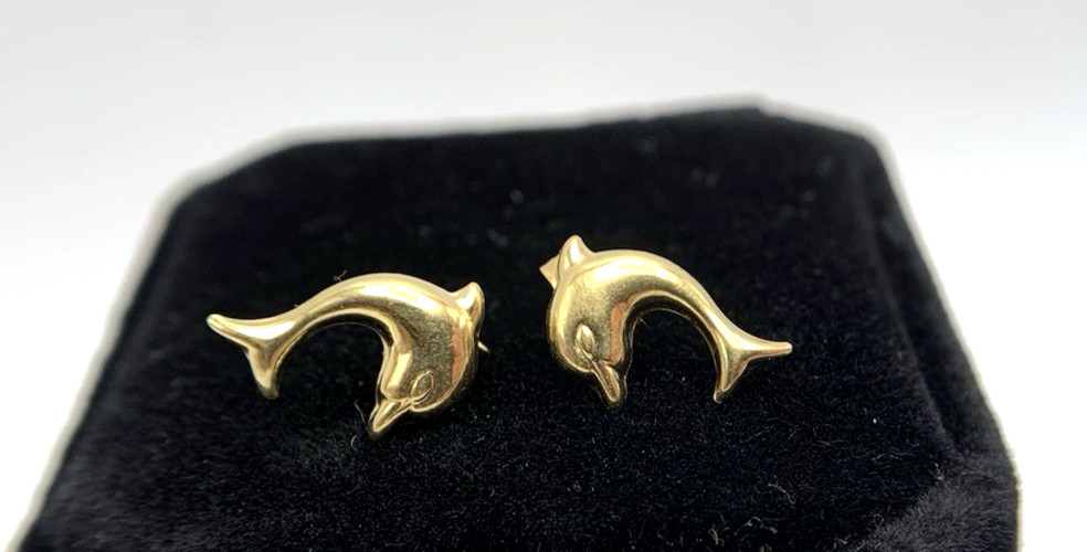 18k .750 Gold DOLPHIN Earrings,12.6mm x 8.4, 1.1g, Signed AR 348, FREEgfBx($5