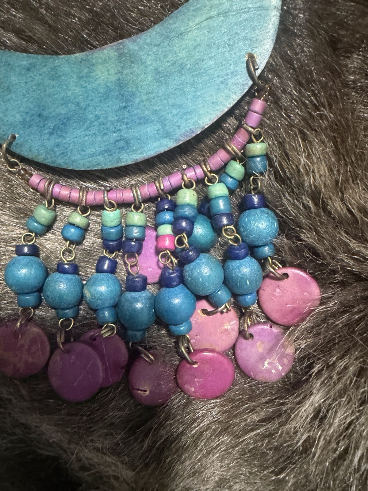 Multicolor Wood & Glass Beaded Bib Necklace Bohemian Crescent Pendant Hook