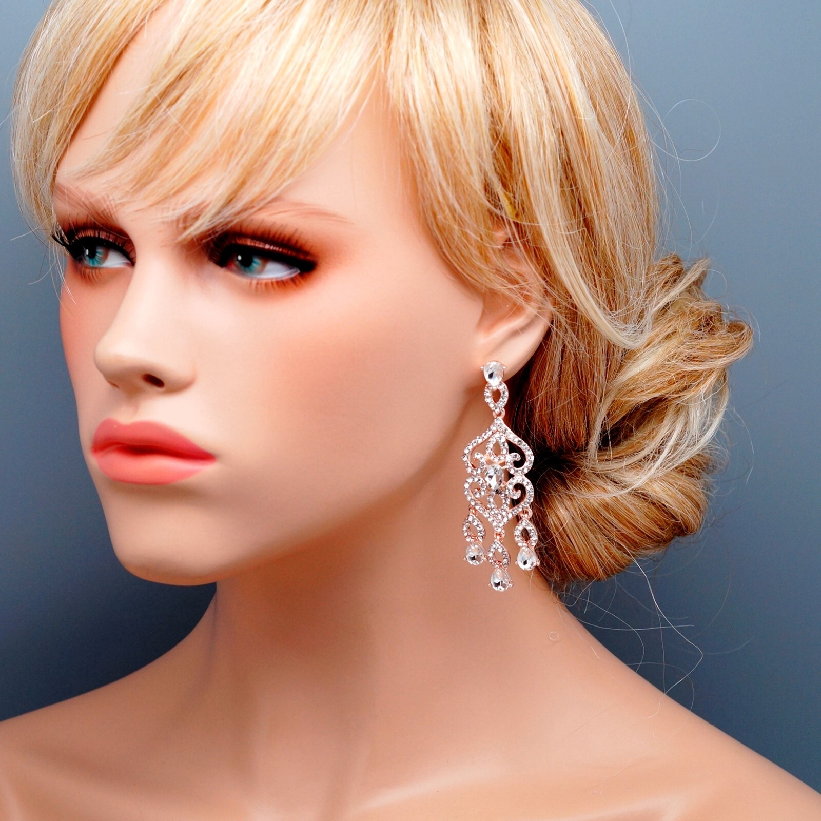 Rose Gold Plated Clear Crystal Rhinestone Chandelier Dangle Earrings Wedding 254