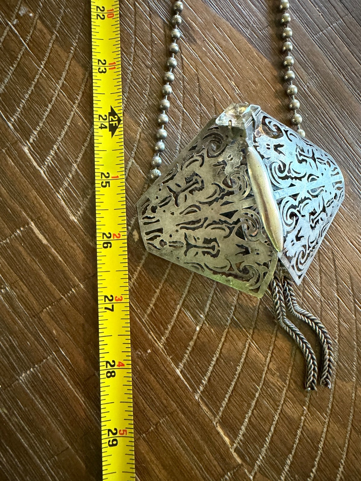Avant Guard Long Filligree Silver toned Necklace with Crystal on Ball Chain