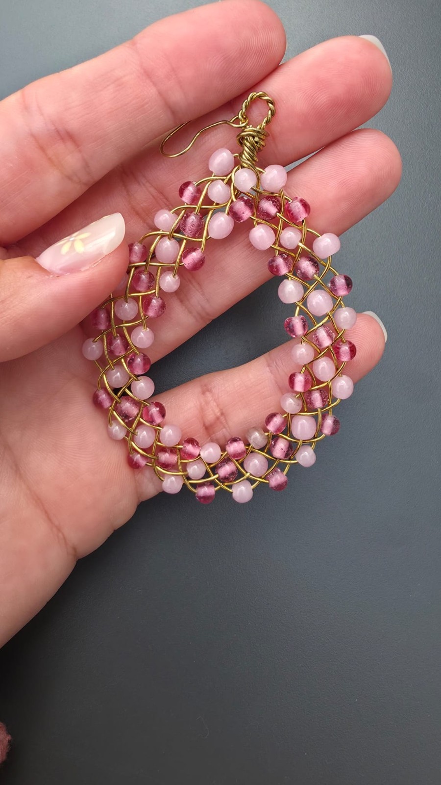 Handmade Pink Beaded Wire Earrings – Boho Dangle Drop Earrings Gold Tone Jewelry
