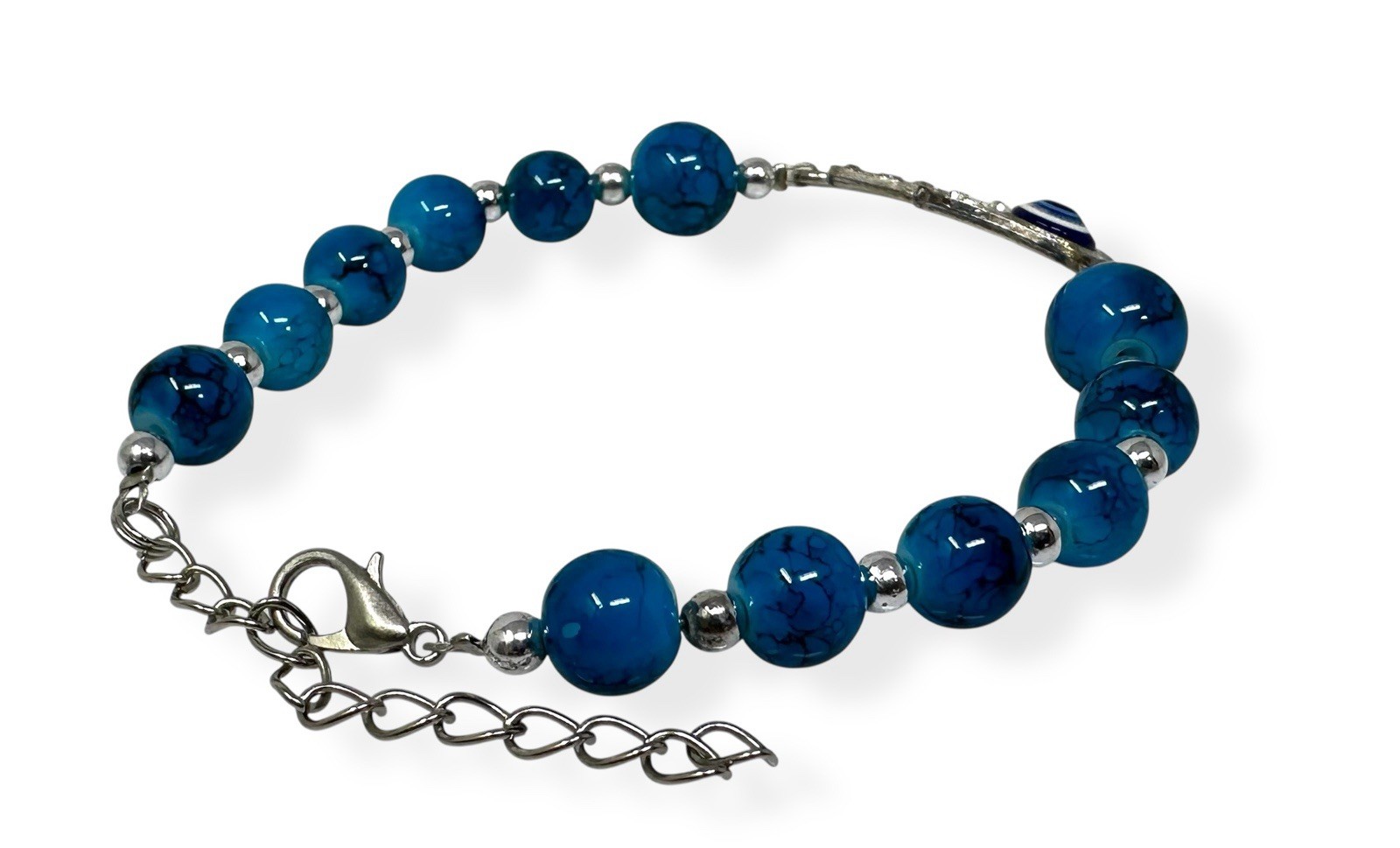 Hamsa Hand Evil Eye Bracelet – Blue Beaded Resin Charm, Adjustable 7.75–9″