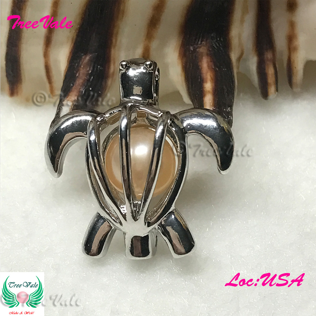 Turtle Rafael – Silver Plated – Locket Pearl Cage Pendant – Hold 6mm – 7mm Pearl
