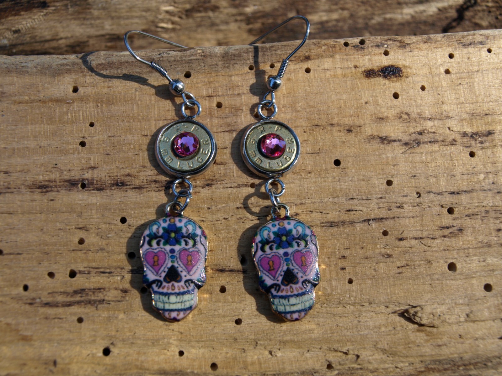 Stainless Steel Bullet Earrings with Pink Sugar Skull Charms. Optional Crystals.
