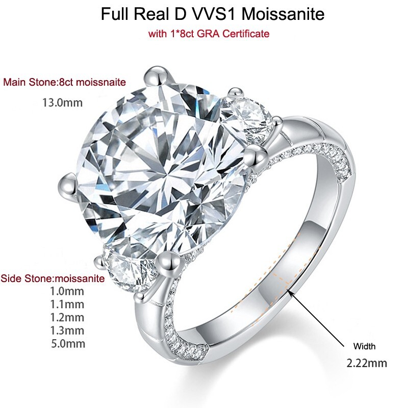 8ct Round Cut Moissanite Three Stone Engagement Ring Women 18K White Gold Plated