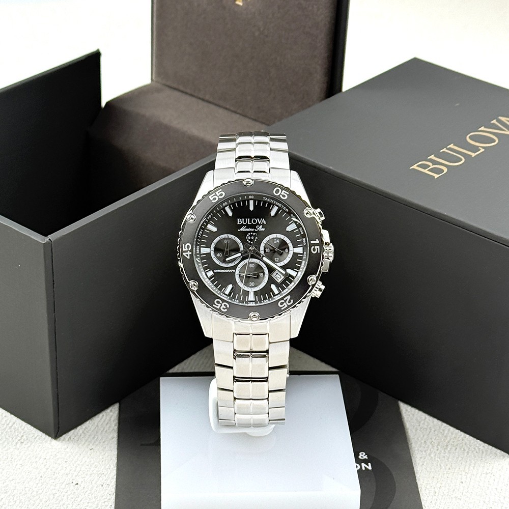 Bulova Men’s Marine Star 98B401 Chronograph Gray Dial Steel Quartz Watch 41.5mm