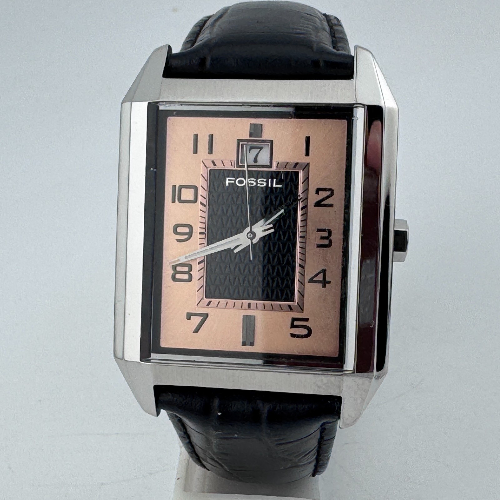 Fossil Quartz Watch FS-4407 Men 50m Silver Steel Leather Rectangle New Battery