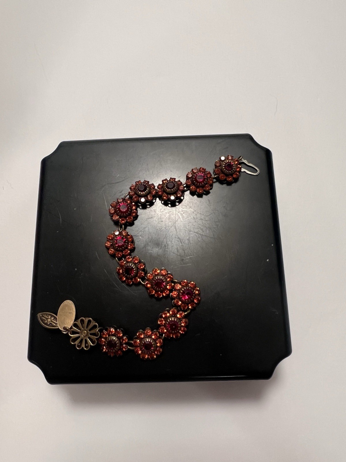 Liz Palacios Vintage Antiqued Orange/Garnet Red Crystal Flower Bloom Bracelet