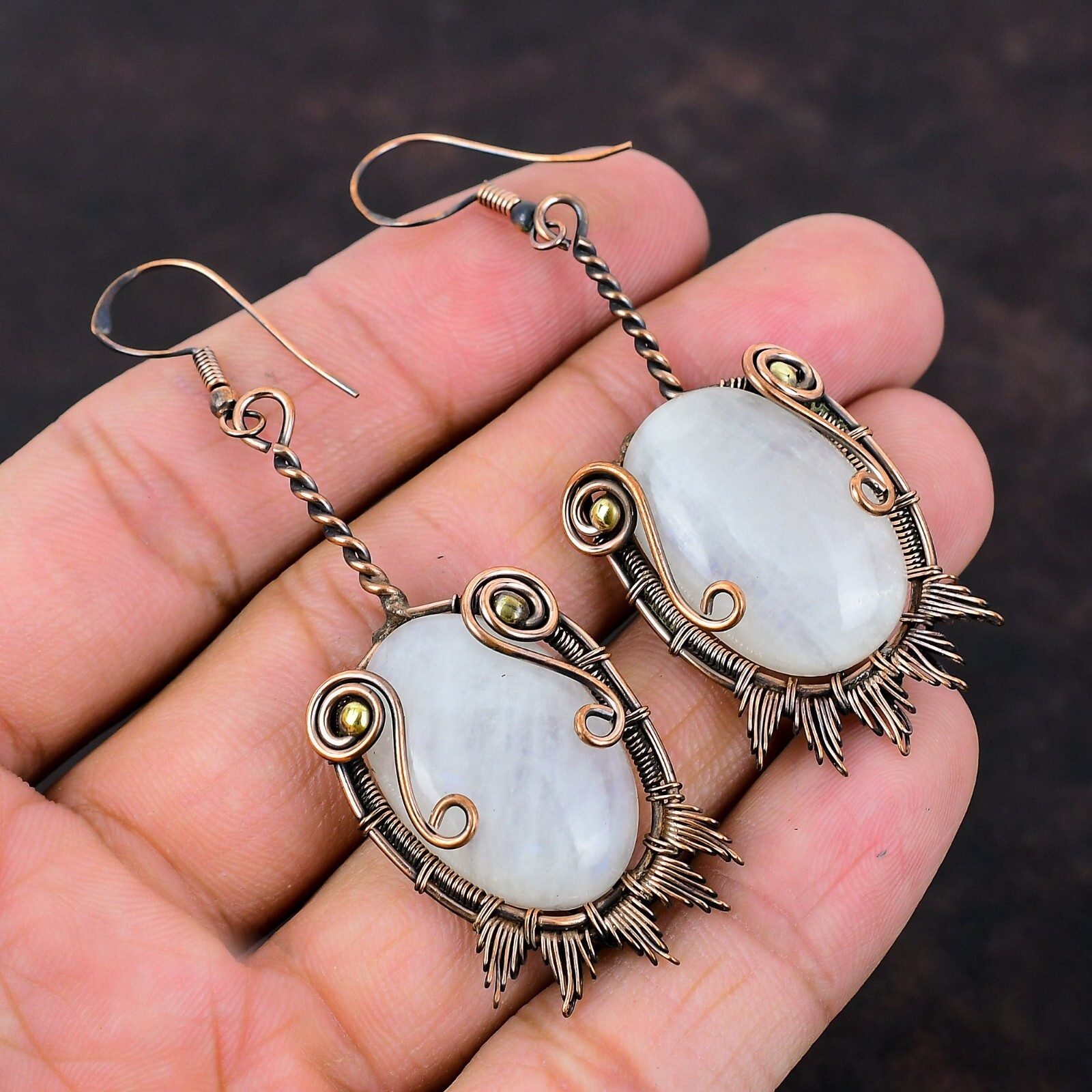 Rainbow Moonstone Copper Gift For Briedsmaid Wire Wrapped Earrings 2.87″