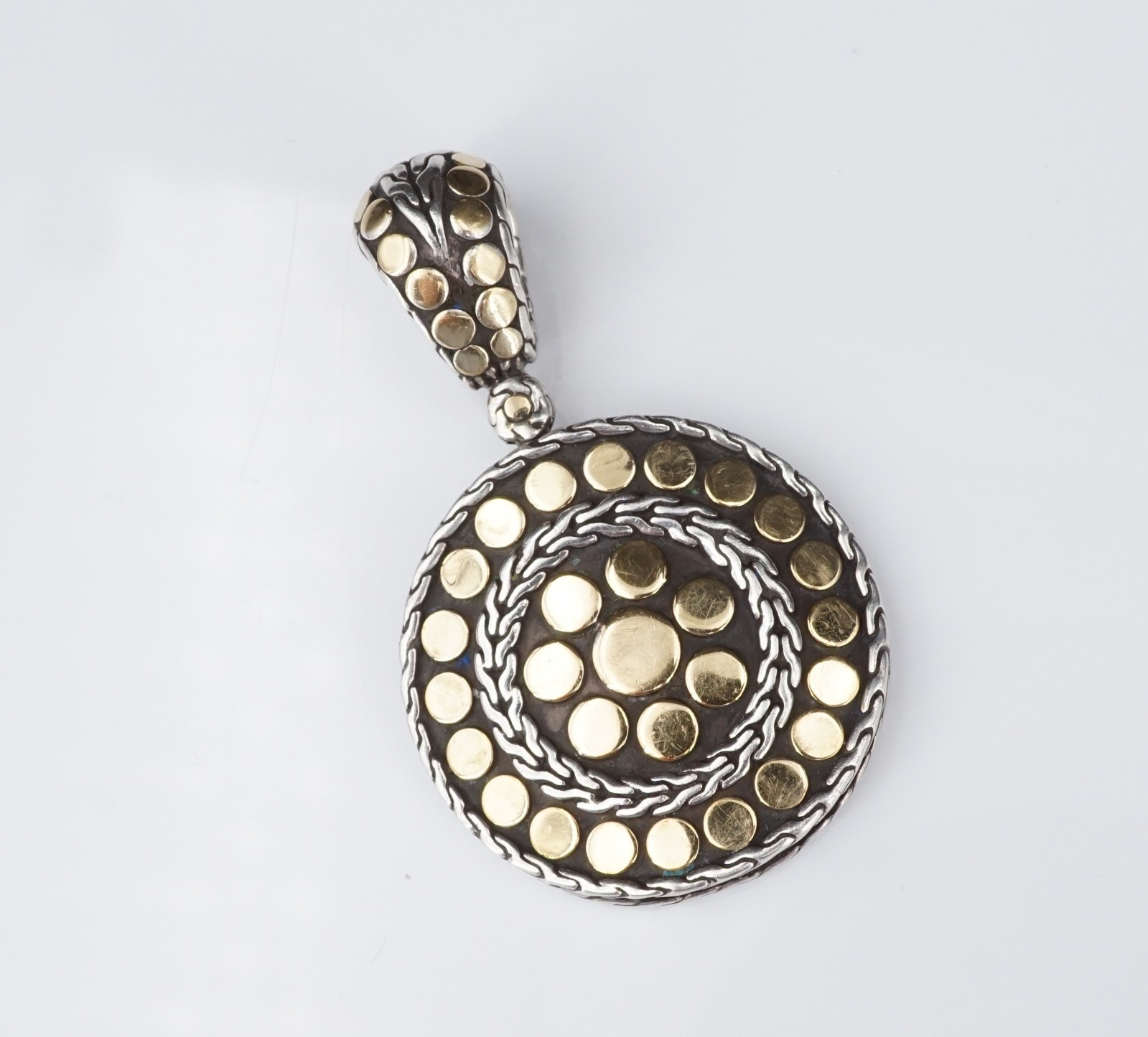 John Hardy Sterling Silver 18k Yellow Gold Dot Round Pendant 1.8″ PS2359
