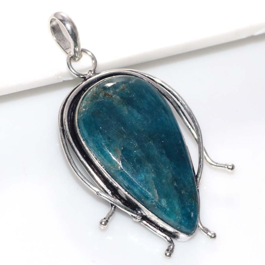 925 Silver Plated Blue Apatite Pendant 2″ Layering Friendly Design Trendy MJ