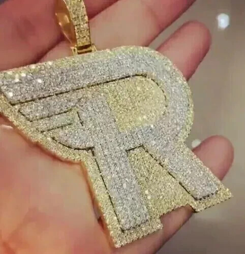 4Ct Round Cut Real Moissanite Men’s “R” Initial Pendant 14K Yellow Gold Plated