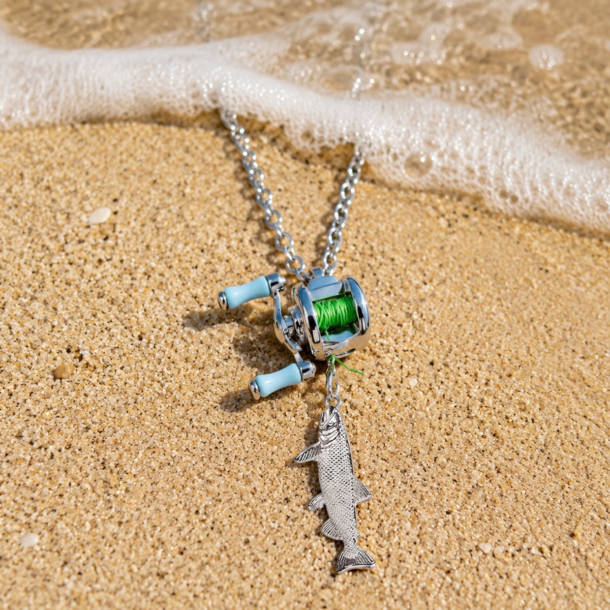 Rotating Handle Fishing Reel Necklace Mini Alloy Reels Pendant Necklace