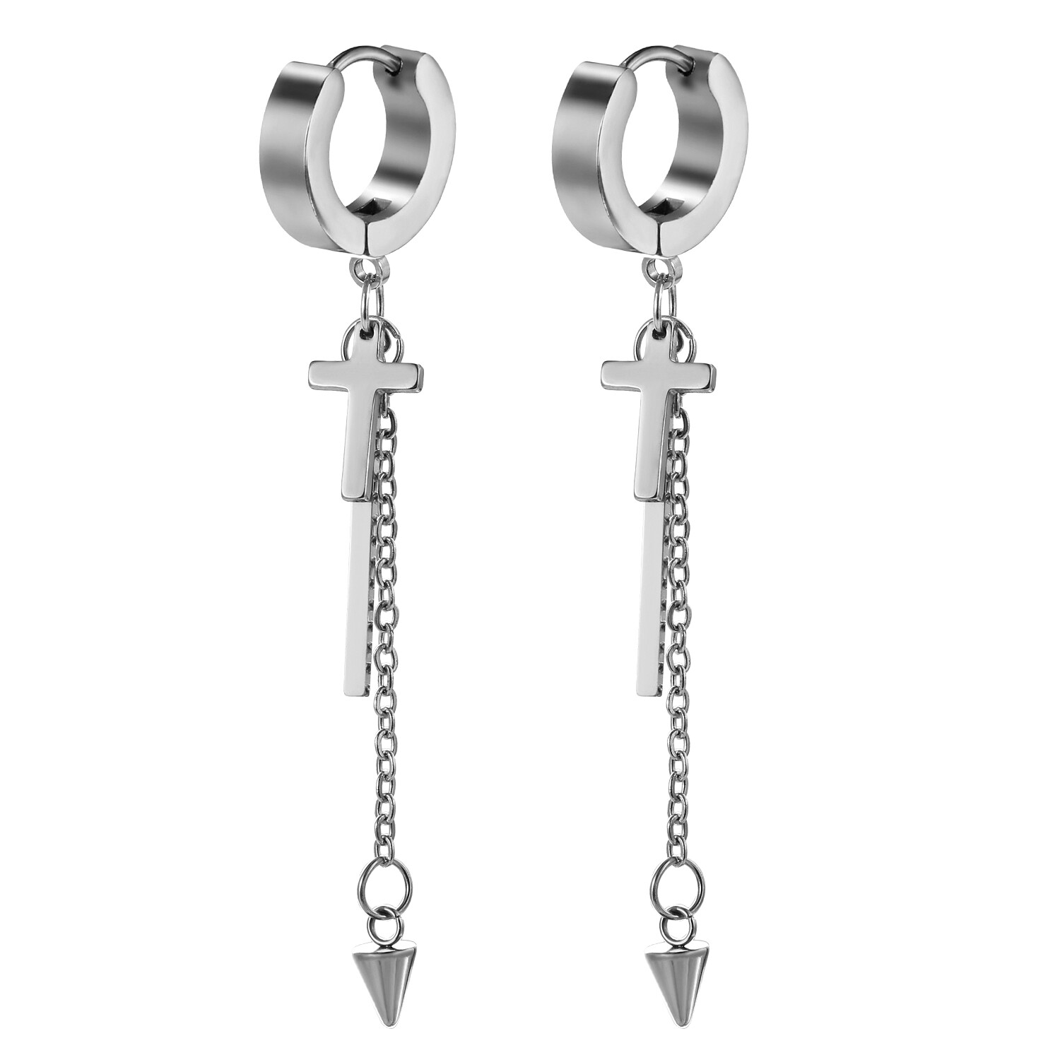 2-6pcs Unisex Long Dangle Cross Spike Huggie Hoop Stainless Steel Stud Earrings